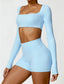 The model wearing Bahamas 2pcs Set: Long Sleeved Crop Top & Shorts slimming shaper tight lifting jumpsuit romper leggings bodysuit yoga outfit set