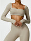 The model wearing Camel palm Bahamas Long Sleeved Sports Crop Top slimming shaper tight lifting jumpsuit romper leggings bodysuit yoga outfit set