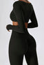 The model wearing Mojave Long Sleeved Crop Top slimming shaper tight lifting jumpsuit romper leggings bodysuit yoga outfit set