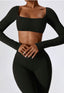 The model wearing Mojave Long Sleeved Crop Top slimming shaper tight lifting jumpsuit romper leggings bodysuit yoga outfit set