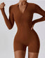 The model wearing Mojave Long Sleeved Romper slimming shaper tight lifting jumpsuit romper leggings bodysuit yoga outfit set