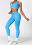 The model wearing Water Pen Blue Alanya 2pcs Set: High Waist Leggings & Sports Bra slimming shaper tight lifting jumpsuit romper leggings bodysuit yoga outfit set