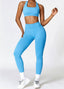 The model wearing Water Pen Blue Alanya 2pcs Set: High Waist Leggings & Sports Bra slimming shaper tight lifting jumpsuit romper leggings bodysuit yoga outfit set