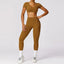 The model wearing Ginkgo Brown Set Morocco Yoga Sets Crop Top & Leggings - NUFIT STORE slimming shaper tight lifting jumpsuit romper leggings bodysuit yoga outfit set