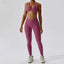 The model wearing Crimson Purple Valencia Yoga Clothing Sets Athletic Wear High Waist Leggings & Sports Bra - NUFIT STORE slimming shaper tight lifting jumpsuit romper leggings bodysuit yoga outfit set