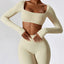 The model wearing Mojave Long Sleeved Crop Top slimming shaper tight lifting jumpsuit romper leggings bodysuit yoga outfit set