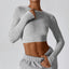 The model wearing Grey Brooklyn T-shirt Cotton Long Sleeve Sports Top - NUFIT STORE slimming shaper tight lifting jumpsuit romper leggings bodysuit yoga outfit set