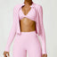 The model wearing Pink Miami Zipper Jacket Long Sleeved - NUFIT STORE slimming shaper tight lifting jumpsuit romper leggings bodysuit yoga outfit set