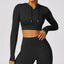 The model wearing Advanced Black Jamaica Yoga Long sleeved Crop Top - NUFIT STORE slimming shaper tight lifting jumpsuit romper leggings bodysuit yoga outfit set