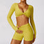 The model wearing Curry Yellow Set-5 Bill Bruce Morocco Yoga Sets Long Sleeve & Stretch Shorts - NUFIT STORE slimming shaper tight lifting jumpsuit romper leggings bodysuit yoga outfit set