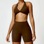 The model wearing Brown Set Miami Yoga Set Sport Shorts & Bra - NUFIT STORE slimming shaper tight lifting jumpsuit romper leggings bodysuit yoga outfit set