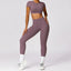 The model wearing Dousha Purple Set Bali Yoga Set Crop Top & Leggings - NUFIT STORE slimming shaper tight lifting jumpsuit romper leggings bodysuit yoga outfit set