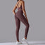 The model wearing Pomegranate violet Maui Seamless Set Top & Leggings - NUFIT STORE slimming shaper tight lifting jumpsuit romper leggings bodysuit yoga outfit set