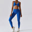 The model wearing Klein Blue Set Wynwood Seamless Yoga Set Fitness Sports Bra High Waist Leggings - NUFIT STORE slimming shaper tight lifting jumpsuit romper leggings bodysuit yoga outfit set