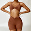 The model wearing Caramel Brown Set Portofino Yoga Sets Sports Bra & Shorts - NUFIT STORE slimming shaper tight lifting jumpsuit romper leggings bodysuit yoga outfit set