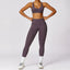 The model wearing Solanum Purple Set Space Workout Sets Sportswear High Waist Leggings & Sports Bra Fitness Athletic Wear - NUFIT STORE front view slimming shaper tight lifting jumpsuit romper leggings bodysuit yoga outfit set