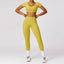 The model wearing Curry Yellow Set Morocco Yoga Sets Crop Top & Leggings - NUFIT STORE slimming shaper tight lifting jumpsuit romper leggings bodysuit yoga outfit set