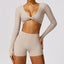 The model wearing Linen Set-5 Morocco Yoga Sets Long Sleeve & Stretch Shorts - NUFIT STORE slimming shaper tight lifting jumpsuit romper leggings bodysuit yoga outfit set