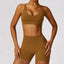 The model wearing Ginkgo Brown Set-3 Morocco Yoga Sets Sports Bra & Stretch Shorts - NUFIT STORE slimming shaper tight lifting jumpsuit romper leggings bodysuit yoga outfit set