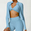 The model wearing Haze Blue Miami Zipper Jacket Long Sleeved - NUFIT STORE slimming shaper tight lifting jumpsuit romper leggings bodysuit yoga outfit set