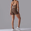 The model wearing Chestnut Maui Seamless Set Sports Bra & Shorts - NUFIT STORE slimming shaper tight lifting jumpsuit romper leggings bodysuit yoga outfit set