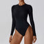 The model wearing Advanced Black Women's Tracksuit One Piece Yoga Set Yoga Jumpsuits Workout Long Sleeve Rompers Sportswear Gym Set Workout Clothes for Women - NUFIT STORE slimming shaper tight lifting jumpsuit romper leggings bodysuit yoga outfit set