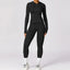 The model wearing Advanced Black Set Jamaica Yoga Set Seamless Sportswear Long Sleeve & Leggings - NUFIT STORE slimming shaper tight lifting jumpsuit romper leggings bodysuit yoga outfit set