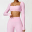 The model wearing Pink Bahamas LongSleeve - NUFIT STORE slimming shaper tight lifting jumpsuit romper leggings bodysuit yoga outfit set