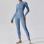 The model wearing Haze Blue Zipper Yoga Boilersuit Long Sleeved Women's Sportswear Gym Jumpsuits Workout High-intensity Fitness One-piece Skin-tight Garment - NUFIT STORE slimming shaper tight lifting jumpsuit romper leggings bodysuit yoga outfit set