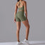 The model wearing Green gray Maui Seamless Set Sports Bra & Shorts - NUFIT STORE slimming shaper tight lifting jumpsuit romper leggings bodysuit yoga outfit set