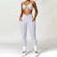 The model wearing Grey Purple Set Portofino Yoga Sets Sports Bra & Leggings - NUFIT STORE slimming shaper tight lifting jumpsuit romper leggings bodysuit yoga outfit set