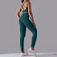 The model wearing Dark Night Green Maui Seamless Set Top & Leggings - NUFIT STORE slimming shaper tight lifting jumpsuit romper leggings bodysuit yoga outfit set