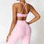 The model wearing Pink Set Cannes Yoga Set Leggings & Sports Bra - NUFIT STORE slimming shaper tight lifting jumpsuit romper leggings bodysuit yoga outfit set