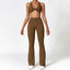 The model wearing Huacha Brown Santa Barbara Yoga Set Seamless High Waist Pants & Sports Bra - NUFIT STORE slimming shaper tight lifting jumpsuit romper leggings bodysuit yoga outfit set