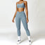 The model wearing Haze Blue Set Portofino Yoga Sets Sports Bra & Leggings - NUFIT STORE slimming shaper tight lifting jumpsuit romper leggings bodysuit yoga outfit set