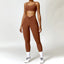 The model wearing Caramel Brown Set Portofino Yoga Sets Sports Bra & Leggings - NUFIT STORE slimming shaper tight lifting jumpsuit romper leggings bodysuit yoga outfit set