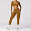 The model wearing Ginkgo Brown Set-6 Morocco Yoga Sets Long Sleeve & Leggings - NUFIT STORE slimming shaper tight lifting jumpsuit romper leggings bodysuit yoga outfit set