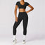 The model wearing Advanced Black Set Morocco Yoga Sets Crop Top & Leggings - NUFIT STORE slimming shaper tight lifting jumpsuit romper leggings bodysuit yoga outfit set