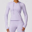 The model wearing Romantic Purple Jamaica Yoga Long Sleeved Fitness Shirt - NUFIT STORE slimming shaper tight lifting jumpsuit romper leggings bodysuit yoga outfit set