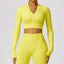 The model wearing Lemon yellow Havana Long Sleeve Shirts - NUFIT STORE slimming shaper tight lifting jumpsuit romper leggings bodysuit yoga outfit set