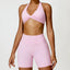 The model wearing Pink Set Miami Yoga Set Sport Shorts & Bra - NUFIT STORE slimming shaper tight lifting jumpsuit romper leggings bodysuit yoga outfit set