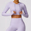 The model wearing Romantic Purple Jamaica Yoga Long sleeved Crop Top - NUFIT STORE slimming shaper tight lifting jumpsuit romper leggings bodysuit yoga outfit set