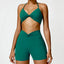 The model wearing Sea King Green Set Portofino Yoga Sets Sports Bra & Shorts - NUFIT STORE slimming shaper tight lifting jumpsuit romper leggings bodysuit yoga outfit set