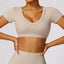 The model wearing Linen color Morocco Crop Top - NUFIT STORE slimming shaper tight lifting jumpsuit romper leggings bodysuit yoga outfit set