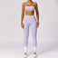 The model wearing Purple Set Jamaica Yoga Set Seamless Sportswear Long Sleeve Crop Top & Leggings - NUFIT STORE slimming shaper tight lifting jumpsuit romper leggings bodysuit yoga outfit set