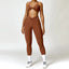 The model wearing Caramel Brown Set Portofino Yoga Sets Sports Bra & Leggings - NUFIT STORE slimming shaper tight lifting jumpsuit romper leggings bodysuit yoga outfit set