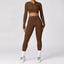 The model wearing Huacha Brown Set Jamaica Yoga Set Seamless Sportswear Long Sleeve Crop Top & Leggings - NUFIT STORE slimming shaper tight lifting jumpsuit romper leggings bodysuit yoga outfit set