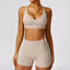 The model wearing Linen Set-3 Morocco Yoga Sets Sports Bra & Stretch Shorts - NUFIT STORE slimming shaper tight lifting jumpsuit romper leggings bodysuit yoga outfit set