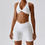 The model wearing Swan White Valencia Yoga Clothing Sets Athletic Wear High Waist Shorts & Sports Bra - NUFIT STORE slimming shaper tight lifting jumpsuit romper leggings bodysuit yoga outfit set