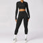 The model wearing Advanced Black Set Jamaica Yoga Set Seamless Sportswear Long Sleeve Crop Top & Leggings - NUFIT STORE slimming shaper tight lifting jumpsuit romper leggings bodysuit yoga outfit set